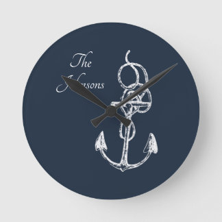 Nautical Navy Custom Family Name Anchor Trivet Round Clock