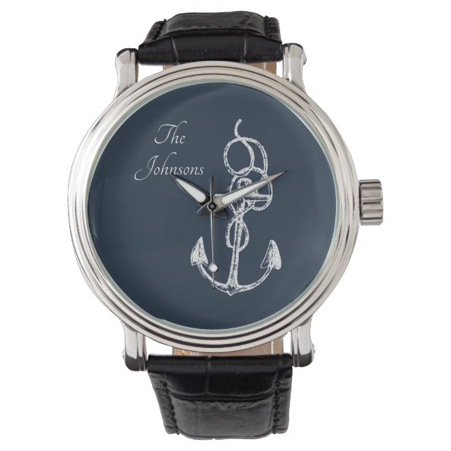 Nautical Navy Custom Family Name Anchor Watch (Front)