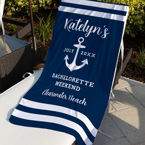 Nautical Navy Custom Wedding Bachelorette Party Beach Towel
