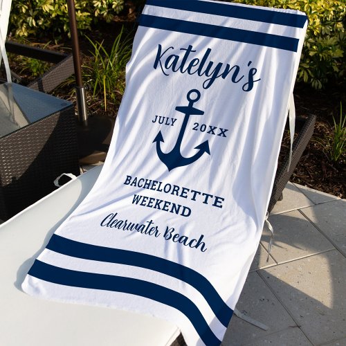 Nautical Navy Custom Wedding Bachelorette Party Beach Towel