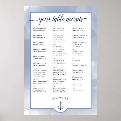 Nautical NavyDusty Blue Watercolor Seating Chart