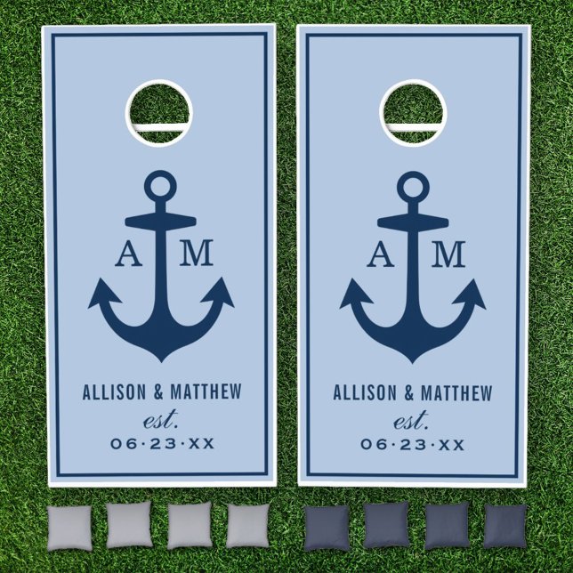 Nautical Navy Dusty Blue Wedding Monogram Cornhole Set (Creator Uploaded)