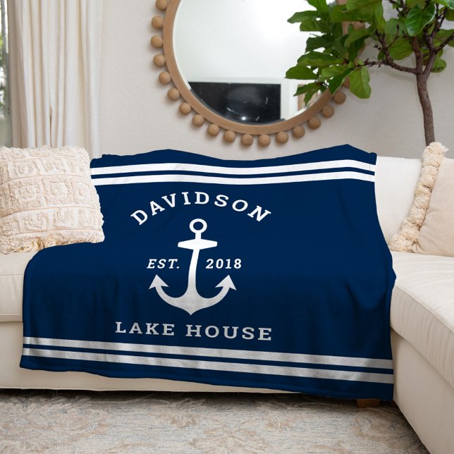 Nautical Navy Family Lake House Anchor Fleece Blanket (Creator Uploaded)