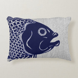Nautical Navy Fish Head & Gray Herringbone Accent Pillow