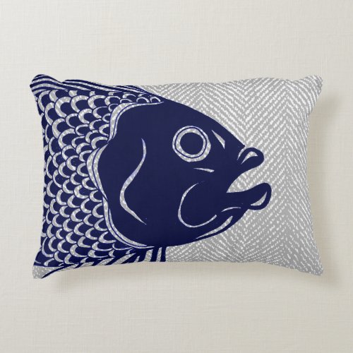 Nautical Navy Fish Head  Gray Herringbone Accent Pillow