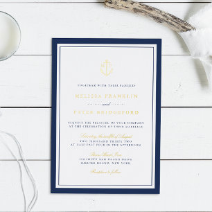 Nautical Navy & Gold Anchor Monogram Wedding Foil Invitation