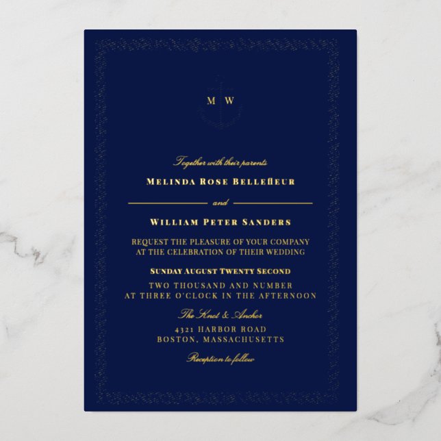 Nautical Navy Gold Anchor Monogram Wedding Foil Invitation (Front)