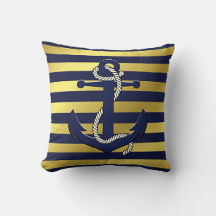 Nautical navy/gold anchor/wheel/navy blue stripe throw pillow