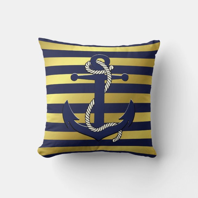 Nautical navy/gold anchor/wheel/navy blue stripe   throw pillow (Front)