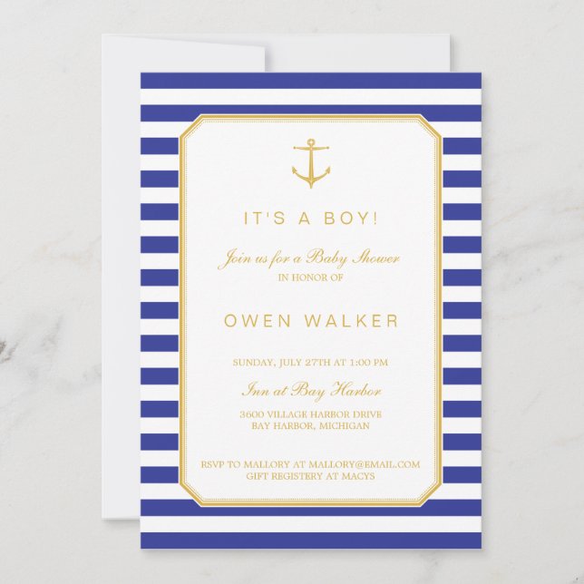 Nautical Navy & Gold Baby Shower Invitation (Front)