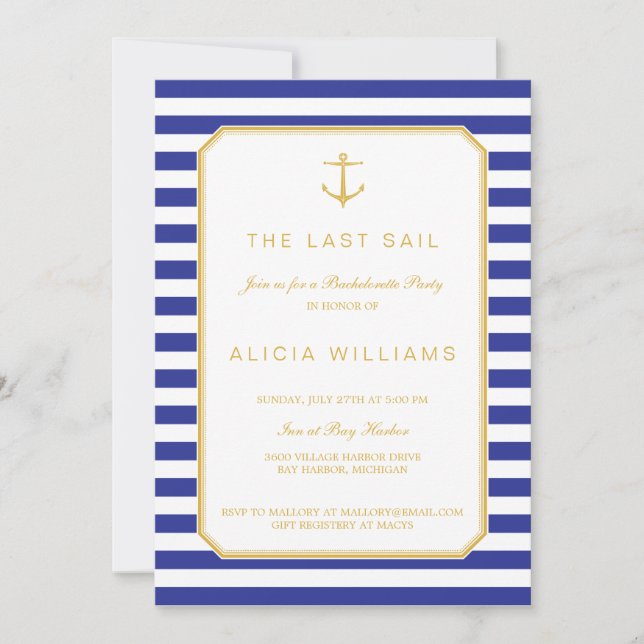 Nautical Navy & Gold Bachelorette Party Invitation (Front)