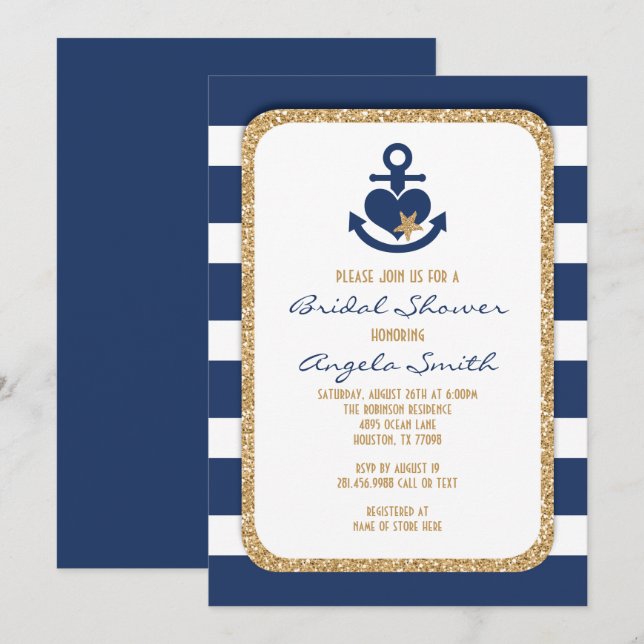 Nautical Navy & Gold Bridal Shower Invitation (Front/Back)