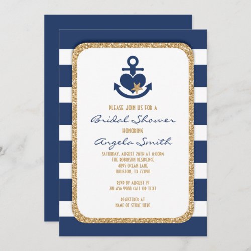 Nautical Navy  Gold Bridal Shower Invitation