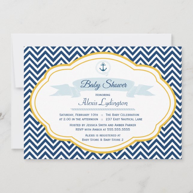 Nautical navy gold chevron baby boy shower invite (Front)