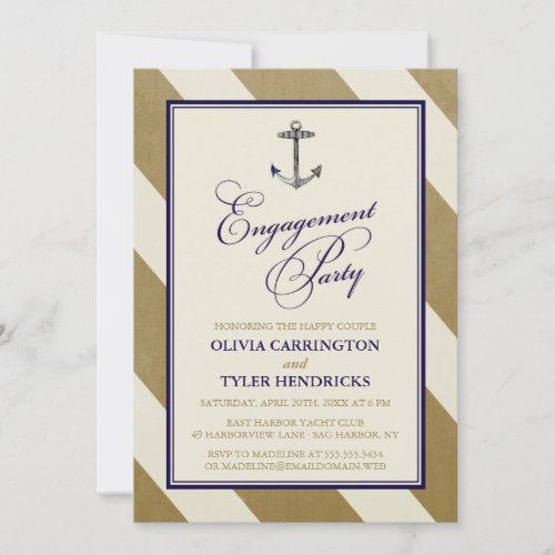 Elegant Nautical Navy &amp; Gold Engagement Party 5x7 Paper Invitation Card