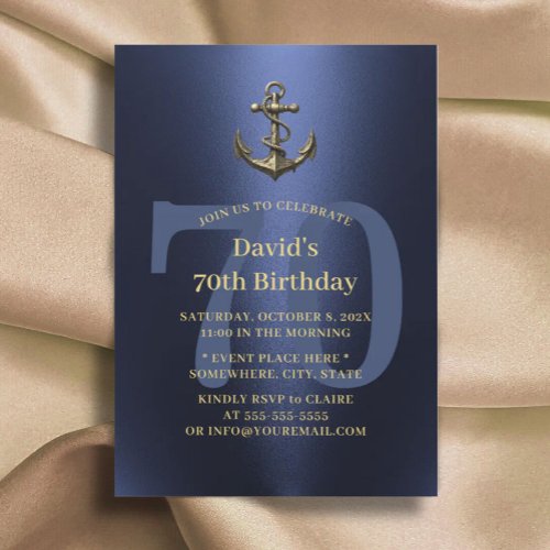 Nautical Navy  Gold Old Anchor 70th Birthday Invitation