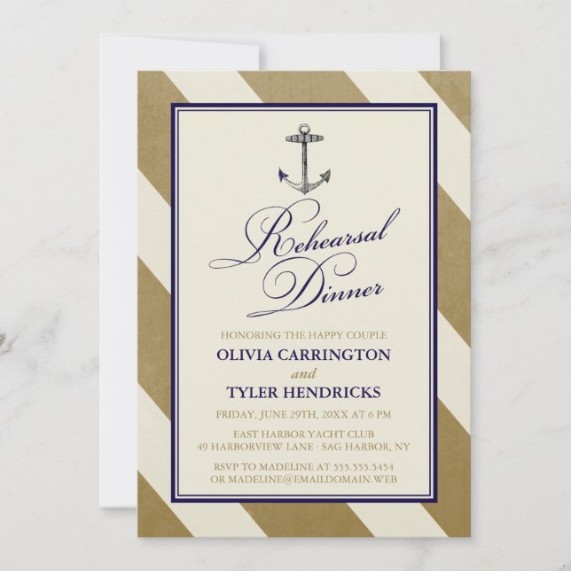 Nautical Navy & Gold Rehearsal Dinner Invitation (Front)