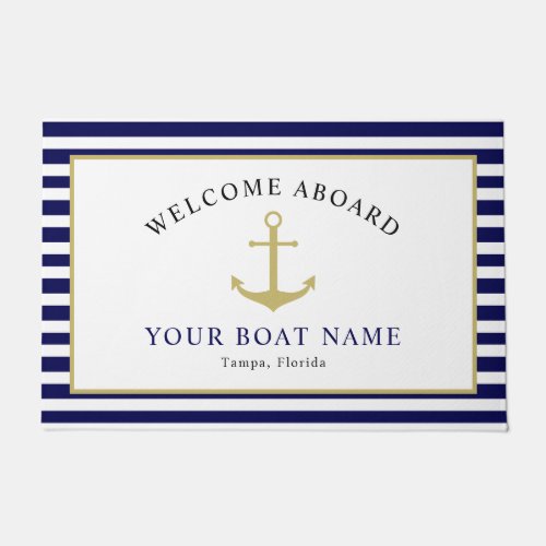Nautical Navy Gold Welcome Aboard Boat Name Anchor Doormat