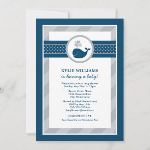Nautical Navy Gray Whale Baby Boy Shower Invitation