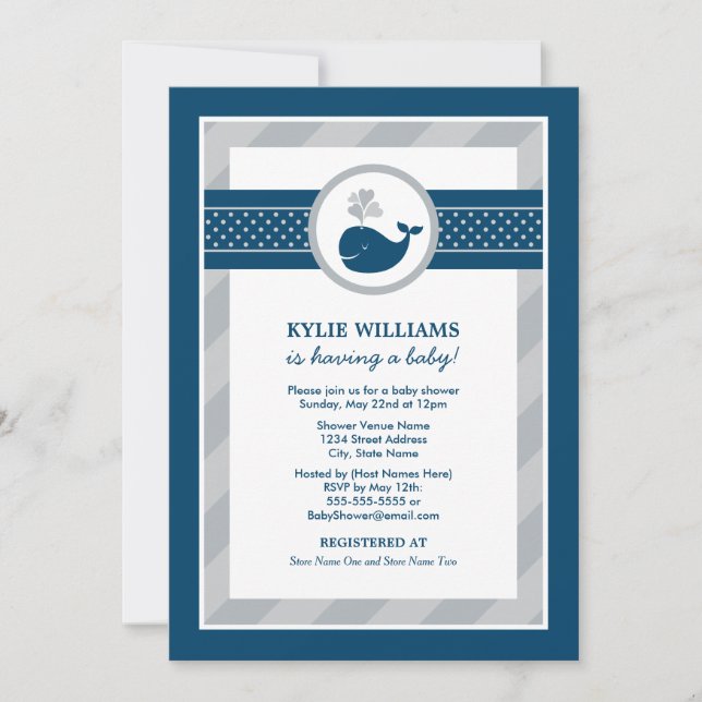 Nautical Navy Gray Whale Baby Boy Shower Invitation (Front)