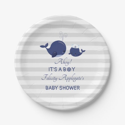 Nautical Navy Gray Whales Boy Baby Shower Paper Plates