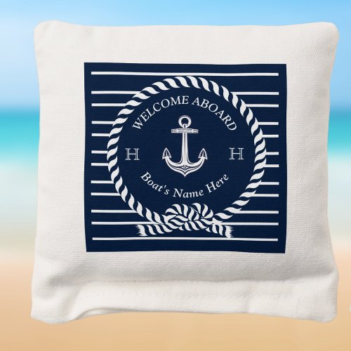 Nautical Navy Gray White Anchor Coastal Monogram Cornhole Bags