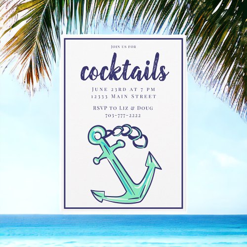 Nautical Navy Green Anchor Cocktail Party  Invitation