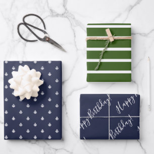 Nautical Navy & Green Birthday Wrapping Paper Sheets