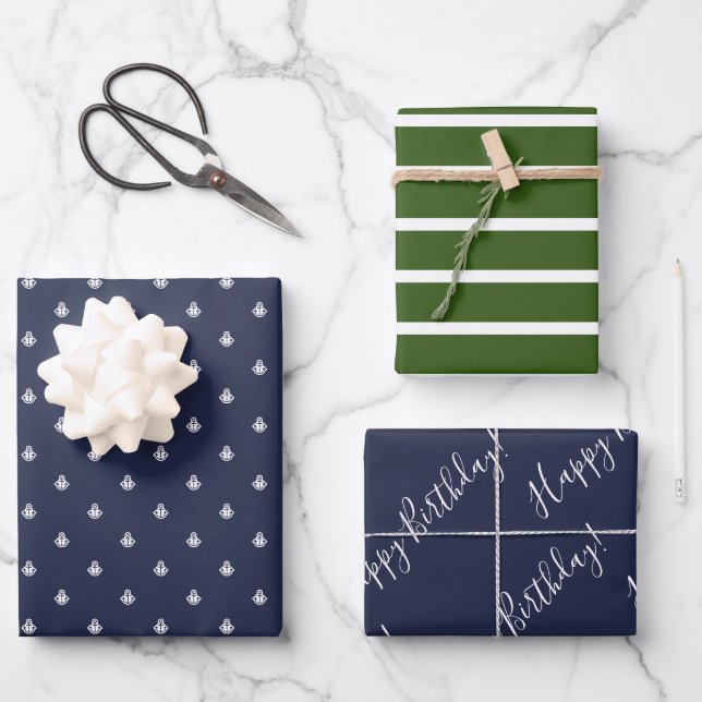Nautical Navy & Green Birthday Wrapping  Paper Sheets (Front)
