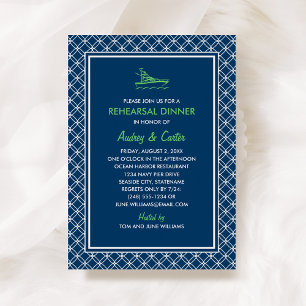 Nautical Navy Green Boat Wedding Rehearsal Dinner Invitation