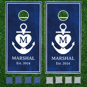 Nautical Navy Heart Anchor Family Name Monogram Cornhole Set
