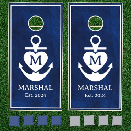 Nautical Navy Heart Anchor Family Name Monogram