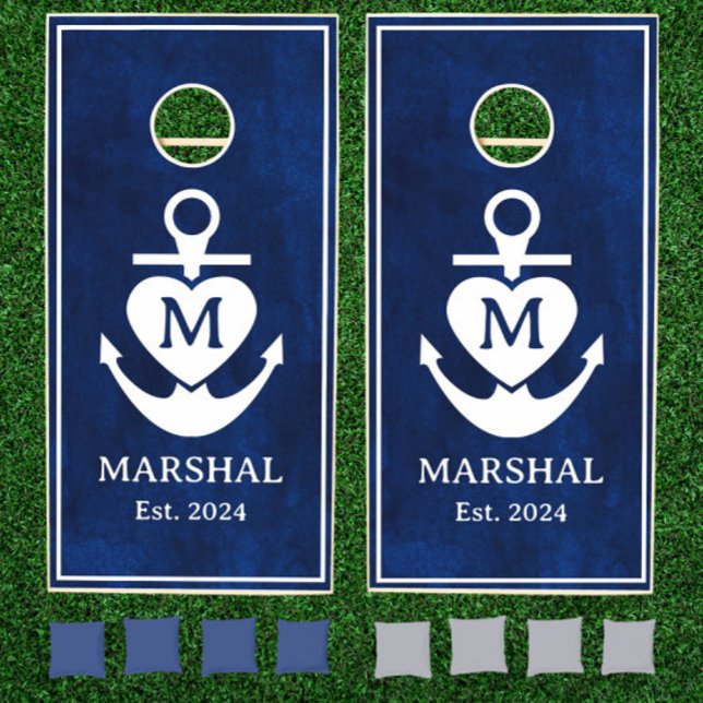 Nautical Navy Heart Anchor Family Name Monogram Cornhole Set (Creator Uploaded)