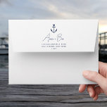 Nautical Navy Heart Anchor Return Address 5x7 Envelope<br><div class="desc">Nautical 5x7 envelopes feature your return address on the back flap in navy blue handwritten script and classic serif lettering,  topped by a ship's anchor illustration with a small heart accent at the top. Open to reveal a coordinating pale blue interior color.</div>