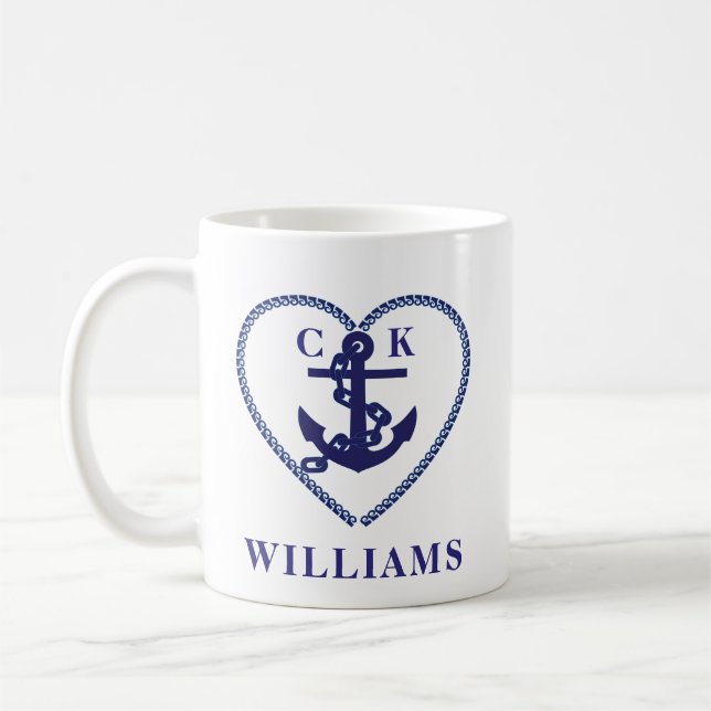 Nautical Navy Heart Anchor Wedding Monogram Coffee Mug (Left)