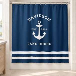 Nautical Navy Lake House Anchor Family Shower Curtain