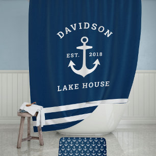 Nautical Navy Lake House Anchor Family Shower Curtain
