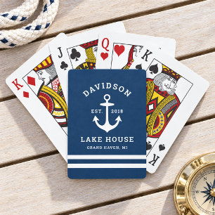 Nautical Navy Lake House Surname Monogram Poker Cards