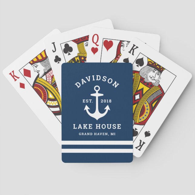 Nautical Navy Lake House Surname Monogram Poker Cards (Back)