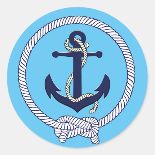 Nautical navylight blue silhouette anchor rope classic round sticker