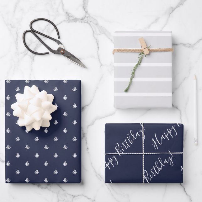 Nautical Navy & Light Grey Birthday  Wrapping  Paper Sheets (Front)