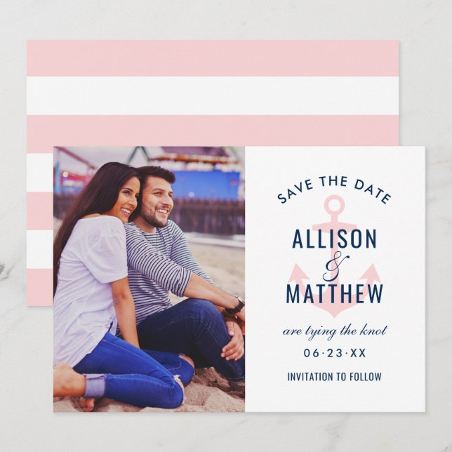 Nautical Navy Light Pink Anchor Wedding Photo Save The Date (Front/Back)