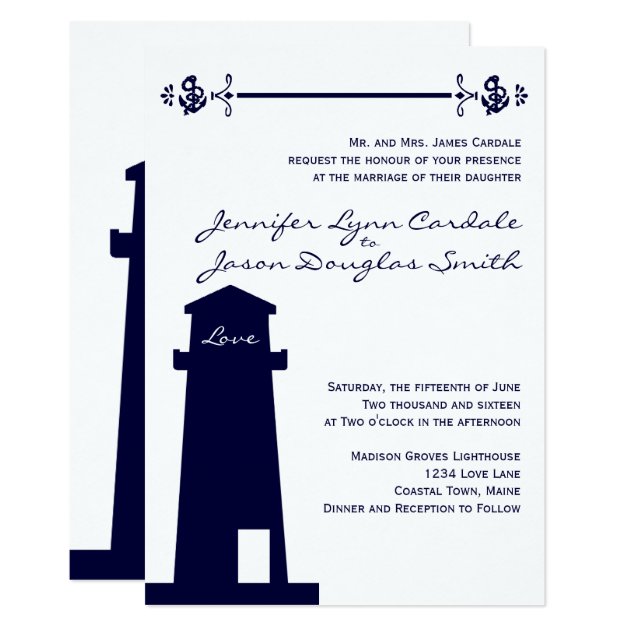 Nautical Navy Lighthouse Anchor Wedding Invitation
