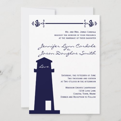 Nautical Navy Lighthouse Anchor Wedding Invitation