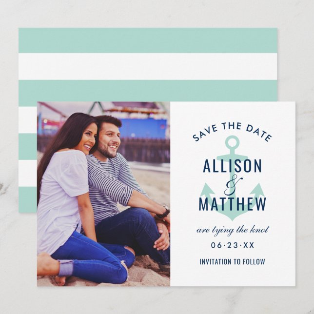 Nautical Navy Mint Green Anchor Wedding Photo Save The Date (Front/Back)