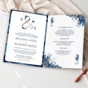 Nautical Navy Monogram Ampersand QR Code Wedding Invitation