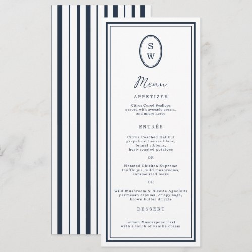 Nautical Navy Monogram Long Wedding Menu Card