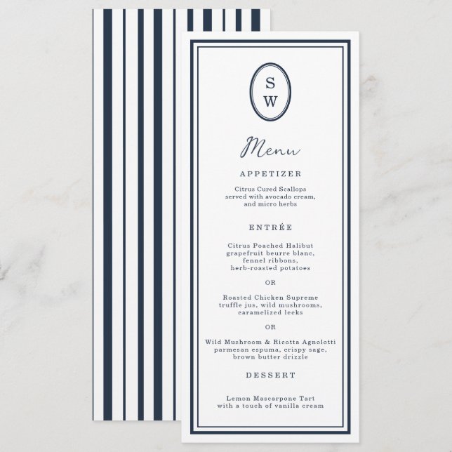 Nautical Navy Monogram Long Wedding Menu Card (Front/Back)