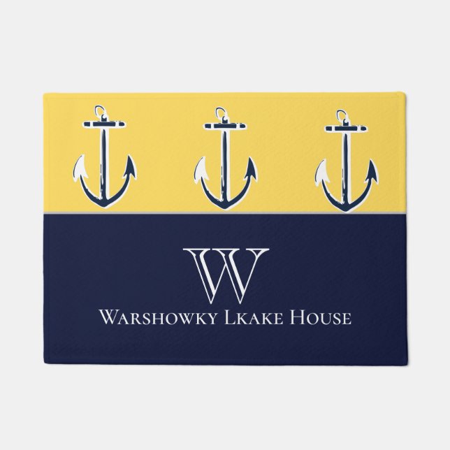 Nautical Navy Mustard Yellow Anchor beach house Doormat (Front)