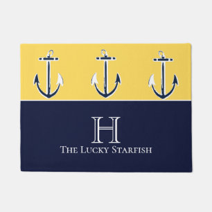 Nautical Navy Mustard Yellow Anchor beach house Doormat